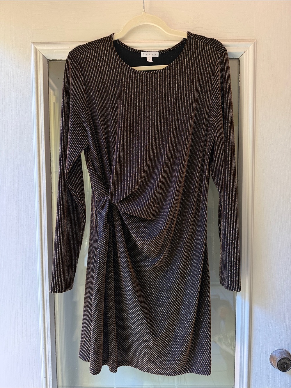 Leith Sz L Metallic Black Twist-Front Dress
